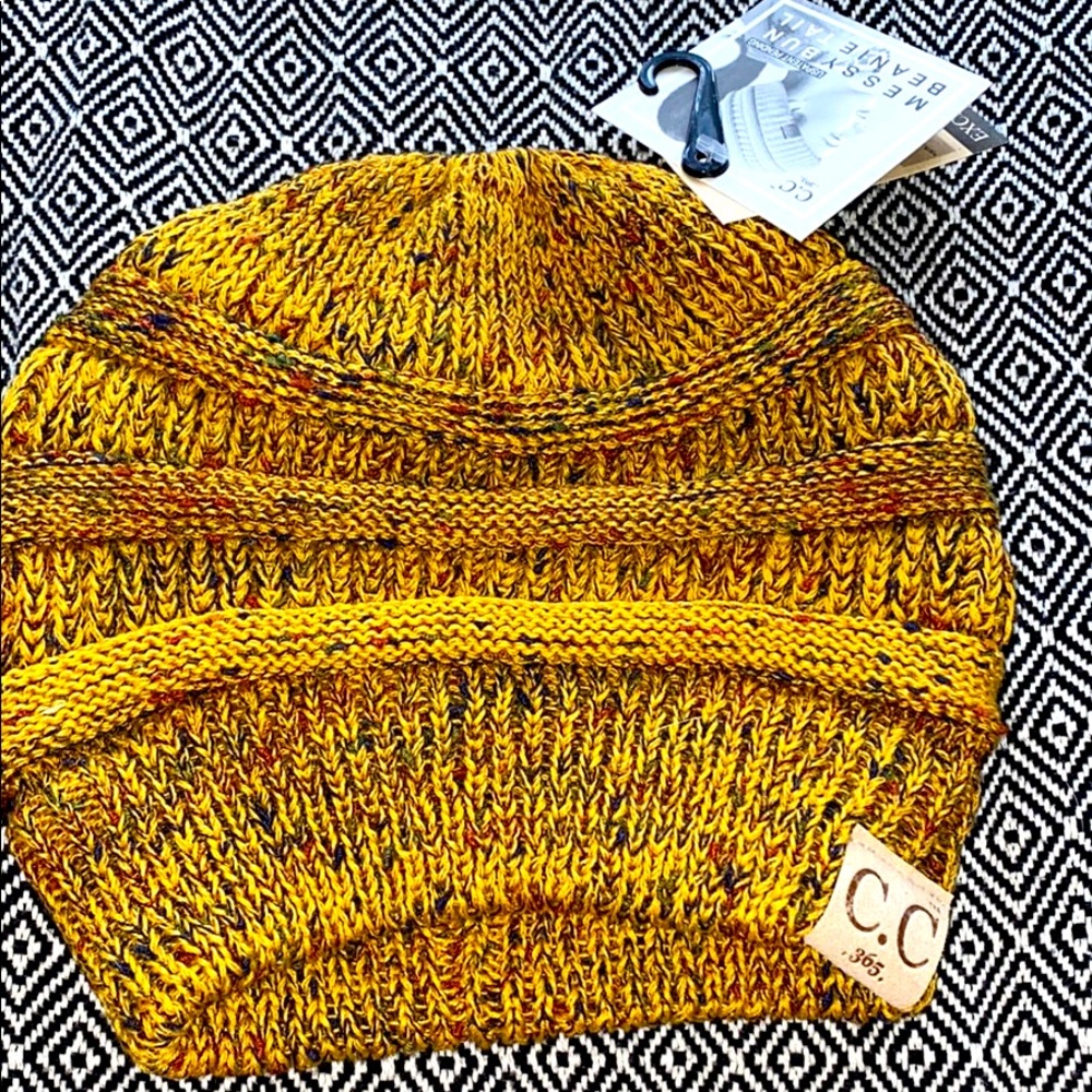 Messy Bun Beanie Tail mustard color